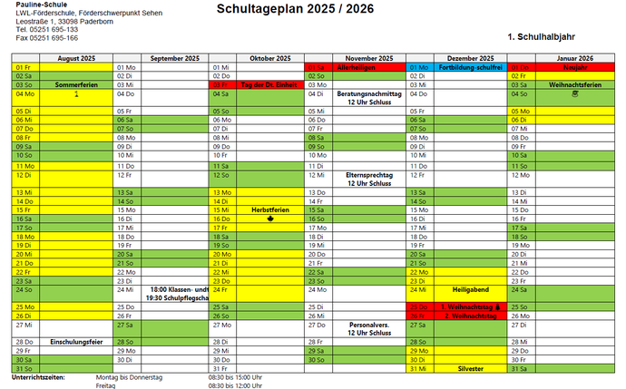 Übersicht Schultageplan 2025 / 2026 - 1. Halbjahr