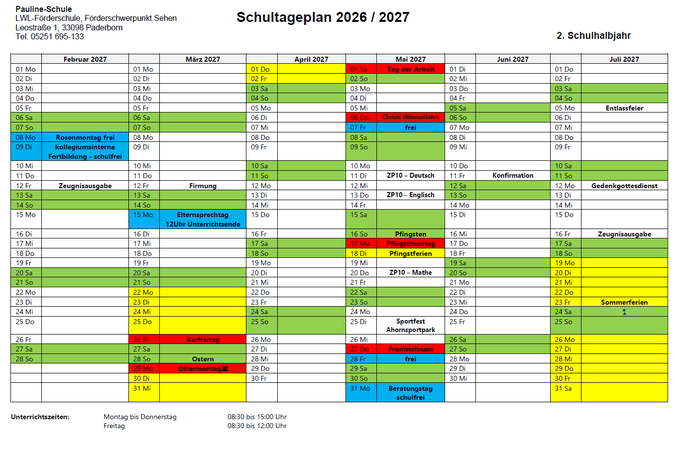 Übersicht Schultageplan 2025 / 2027 -  2. Halbjahr