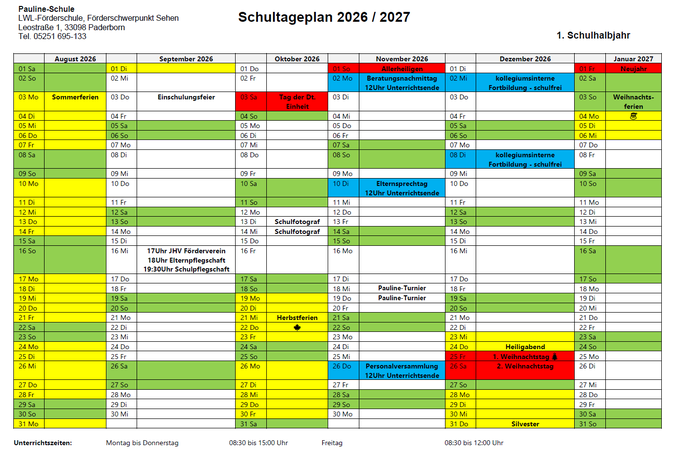 Übersicht Schultageplan 2026 / 2027 - 1. Halbjahr