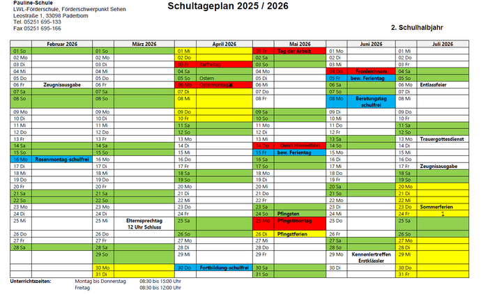 Übersicht Schultageplan 2025 / 2026 -  2. Halbjahr